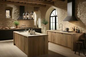 AI generated modern style natural wood kitchen professional advertising photography photo