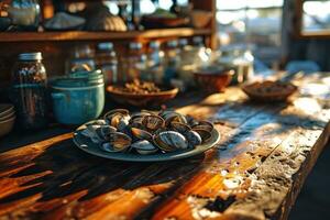 AI generated steamed baby clams in the kitchen table professional advertising food photography photo