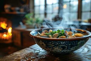 AI generated steamed baby clams in the kitchen table professional advertising food photography photo