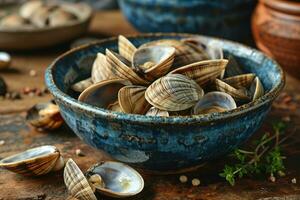 AI generated steamed baby clams in the kitchen table professional advertising food photography photo