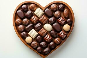 AI generated Various heart shaped assortment chocolates ready to be served professional advertising food photography photo