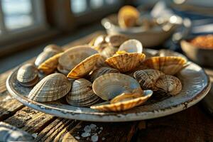 AI generated steamed baby clams in the kitchen table professional advertising food photography photo