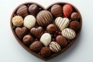 AI generated Various heart shaped assortment chocolates ready to be served professional advertising food photography photo