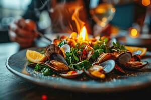 AI generated steamed baby clams in the kitchen table professional advertising food photography photo