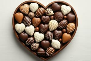 AI generated Various heart shaped assortment chocolates ready to be served professional advertising food photography photo