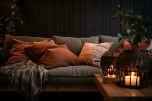 ai generado 3d prestados mínimo estilo moderno vivo habitación interior diseño con sofá foto