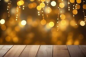 AI generated Christmas wooden table mockup with blurred christmas-tree, lights and bokeh background. Festive template banner with creative bauble decoration and copy space. photo