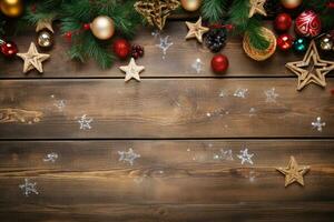 AI generated Christmas composition of fir tree branches with baubles on wooden background photo