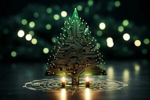 AI generated Christmas tree made with circuit board technology concept photo