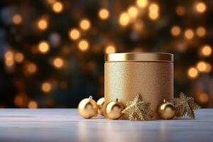 AI generated merry Christmas 3d rendered golden Podium display for event photo
