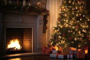 AI generated View of beautifully decorated christmas tree in home photo