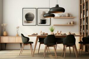 AI generated 3d rendered Minimal style Modern dining room with and interior design with chair and dining table photo