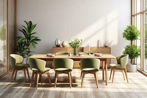 AI generated 3d rendered Minimal style Modern dining room with and interior design with chair and dining table photo