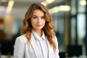 AI generated Portrait of successful and happy businesswoman, office worker smiling and looking at camera, working inside modern office. photo