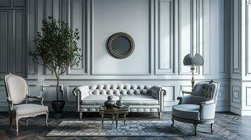 AI generated Vintage living room interior design with sofa minimal aesthetic 3d rendered photo