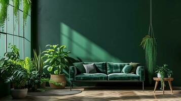 AI generated living room interior design with sofa minimal aesthetic light green velvet 3d rendered photo