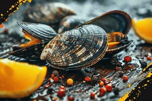 AI generated steamed baby clams in the kitchen table professional advertising food photography photo