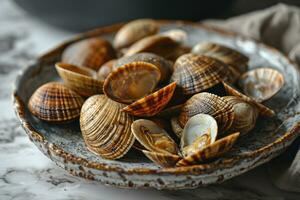 AI generated steamed baby clams in the kitchen table professional advertising food photography photo