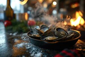 AI generated steamed baby clams in the kitchen table professional advertising food photography photo