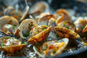 AI generated steamed baby clams in the kitchen table professional advertising food photography photo