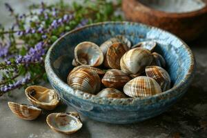 AI generated steamed baby clams in the kitchen table professional advertising food photography photo