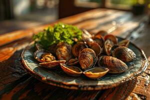 AI generated steamed baby clams in the kitchen table professional advertising food photography photo