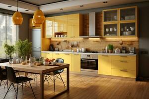 AI generated clean minimalist yellow style small kitchen professional advertising photography photo
