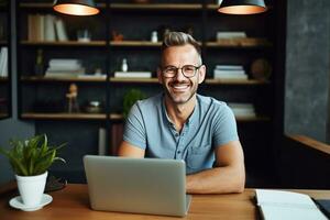 AI generated Male entrepreneur working on a computer at home photo