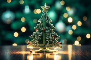 AI generated Christmas tree made with circuit board technology concept photo