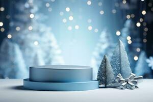 AI generated merry Christmas 3d rendered red Podium display for event photo