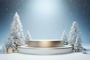 AI generated 3d rendered white and snowy Podium display for merry Christmas event photo