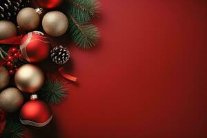 ai generado Navidad composición de abeto árbol ramas con adornos y regalos en rojo antecedentes foto