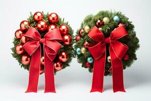 AI generated top view of decorative festive wreath with red and golden christmas toys isolated on white photo