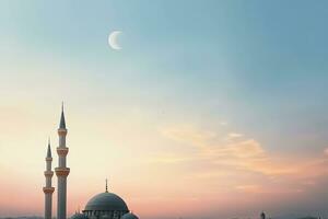 ai generado Ramadán kareem alto minaretes, mezquita Hazme y creciente y brillante estrella en el cielo. religioso antecedentes. foto