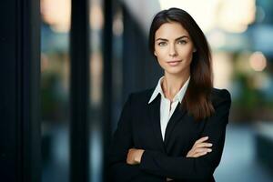 AI generated Portrait of successful and happy businesswoman in office smiling and looking at camera with crossed arms photo