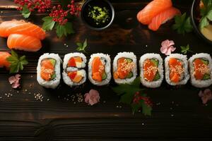 ai generado Sushi japonés comida aislado en cocina mesa profesional publicidad comida fotografía foto