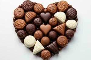 AI generated Various heart shaped assortment chocolates ready to be served professional advertising food photography photo