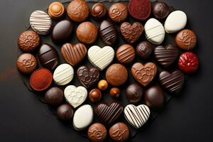 AI generated Various heart shaped assortment chocolates ready to be served professional advertising food photography photo