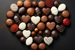 AI generated Various heart shaped assortment chocolates ready to be served professional advertising food photography photo