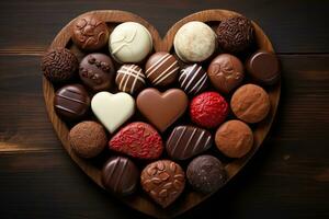 AI generated Various heart shaped assortment chocolates ready to be served professional advertising food photography photo