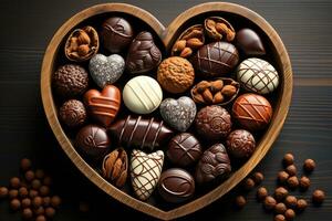 AI generated Various heart shaped assortment chocolates ready to be served professional advertising food photography photo