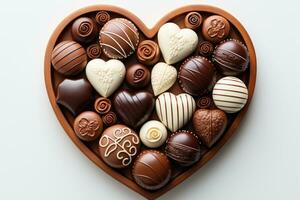 AI generated Various heart shaped assortment chocolates ready to be served professional advertising food photography photo