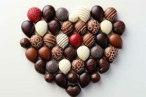 AI generated Various heart shaped assortment chocolates ready to be served professional advertising food photography photo