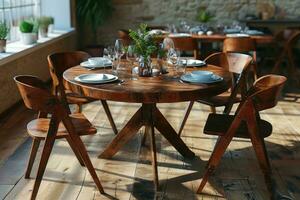 AI generated top view of modern style dining set table professional advertising photography photo
