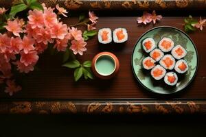 ai generado Sushi japonés comida aislado en cocina mesa profesional publicidad comida fotografía foto