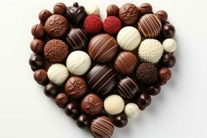 AI generated Various heart shaped assortment chocolates ready to be served professional advertising food photography photo