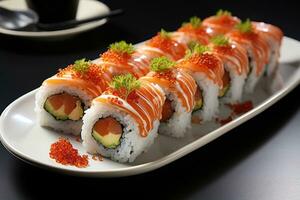 AI generated sushi japanese food isolated in kitchen table professional advertising food photography photo