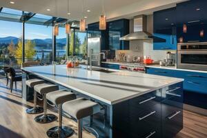 AI generated young style kitchen with modern navy colors professional advertising photography photo