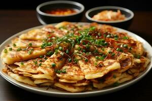 AI generated Korean savory pancake with scallions and seafood professional advertising food photography photo