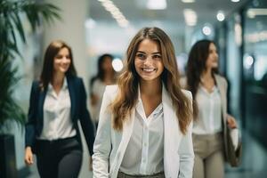 AI generated Portrait of successful and happy businesswoman, office worker smiling and looking at camera, working inside modern office. photo